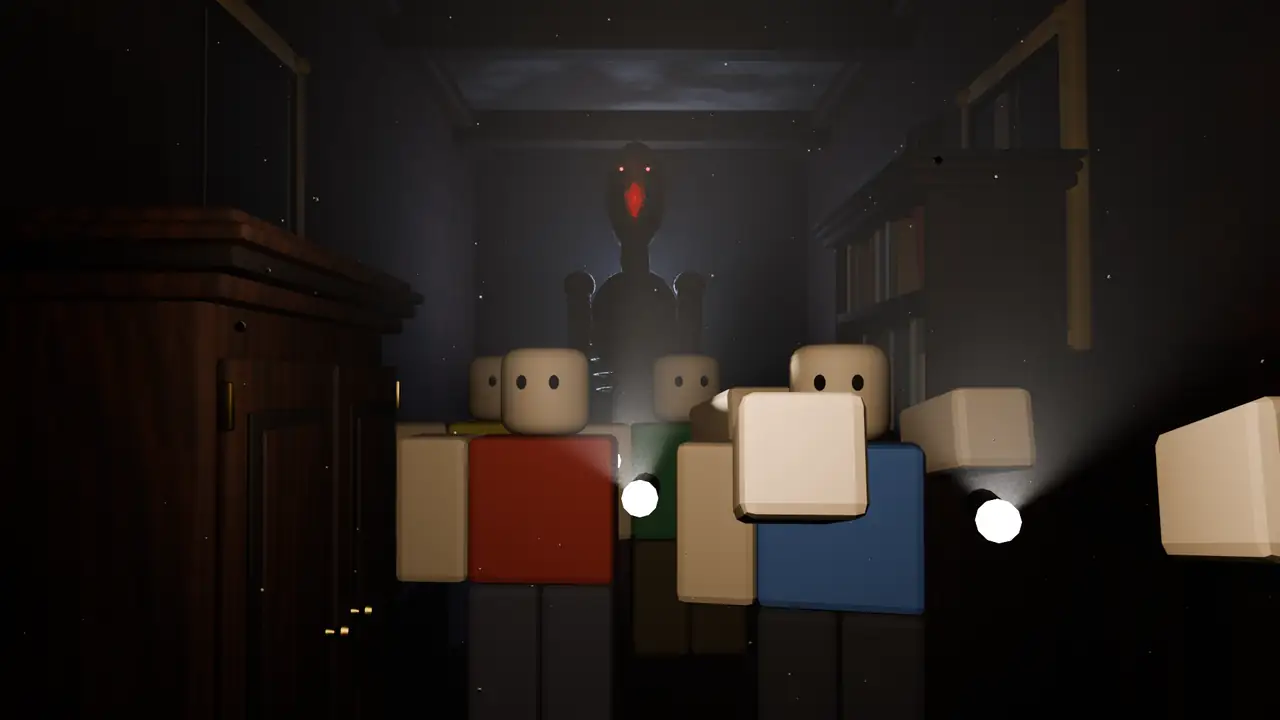 A group of Roblox players holding flashlights, the creature behind them