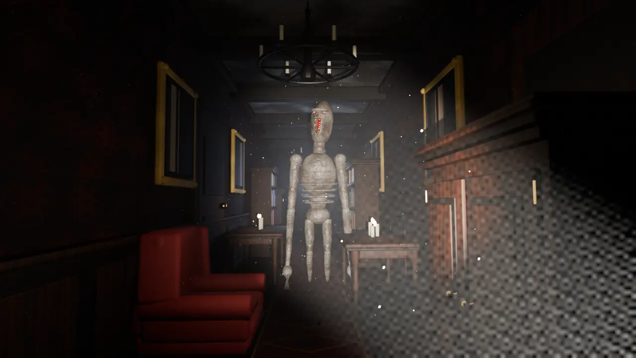 A long Hale Manor hallway lit by a flashlight. At the far end, the creature stands still.