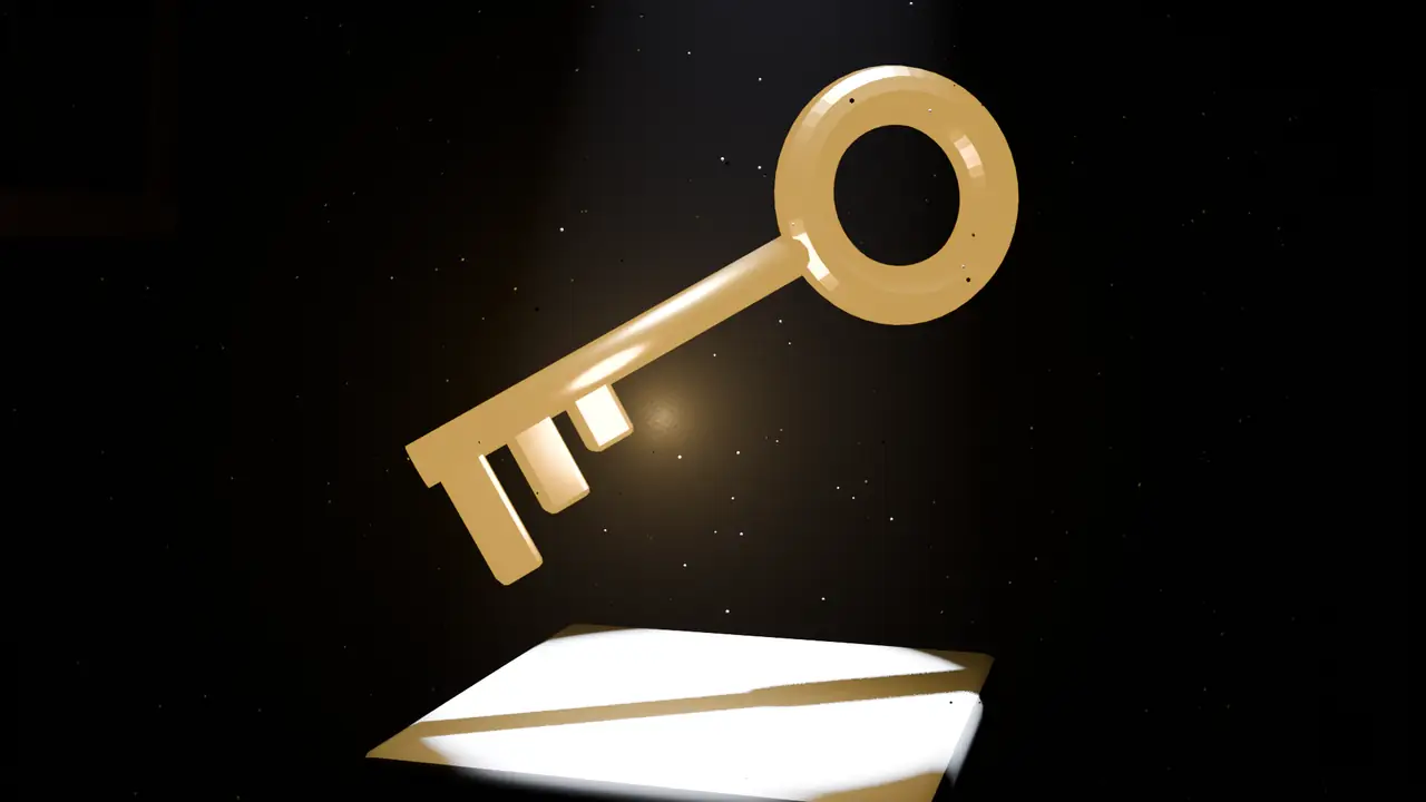 A golden key glowing in the dark