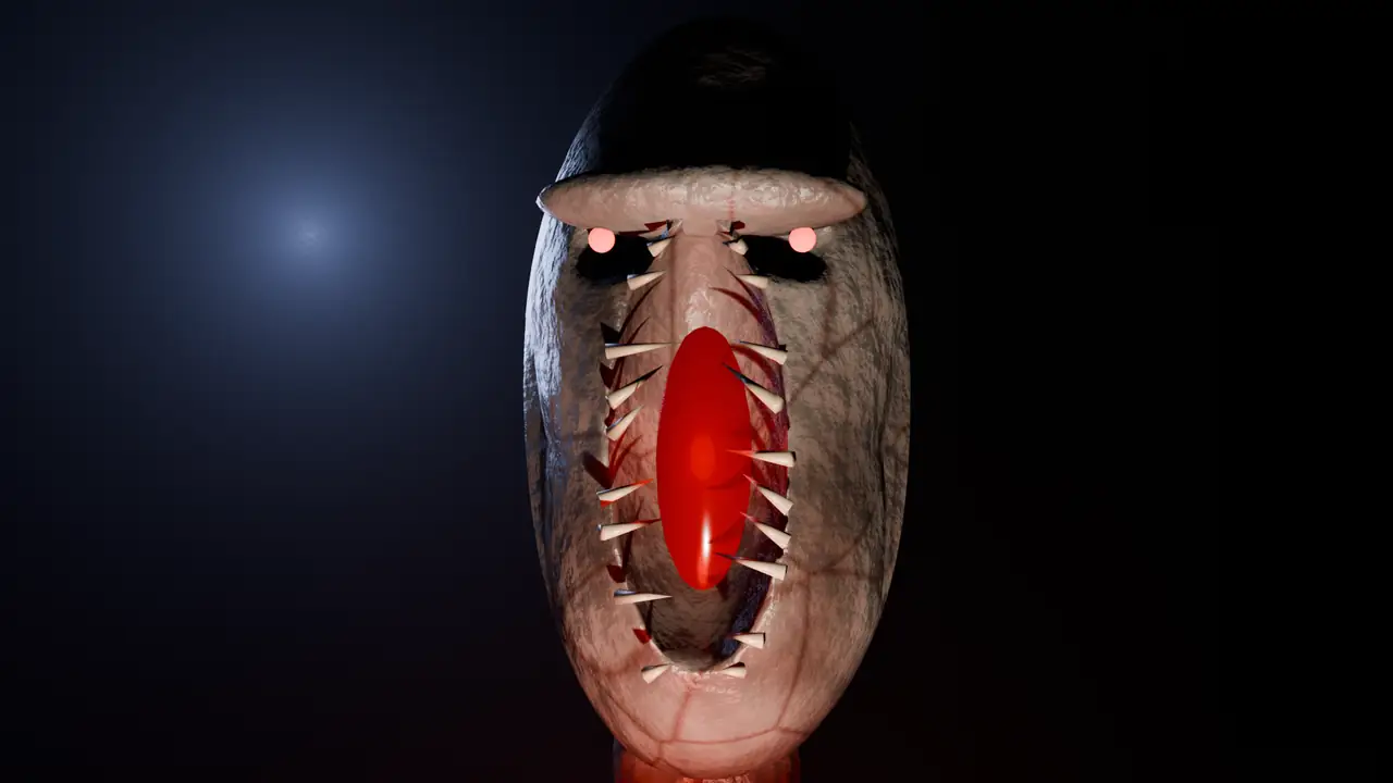 The creature's face, mouth wide open