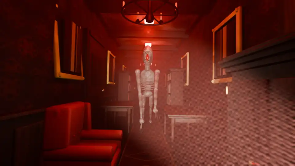 The creature charging down a red-lit hallway