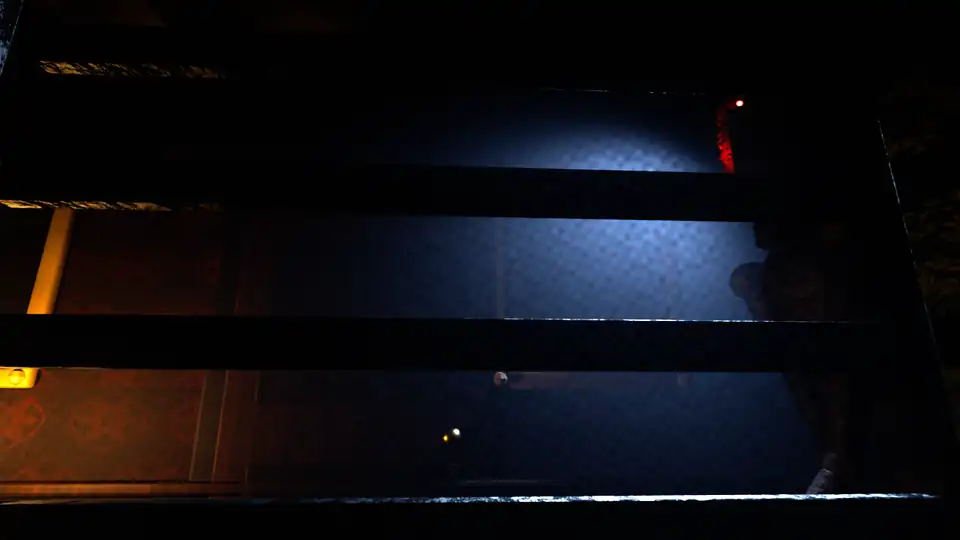 Seen from inside a locker: the creature walks past the slats